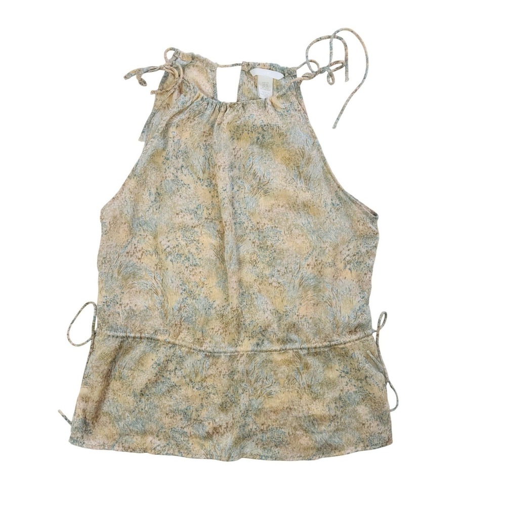 H&M Women XS Halter Neck Top Abstract Grass Print Tan Blue Side Tie Peplum‎ Tank
